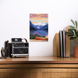 Lantern Press 6x9 Inch Metal Sign, Lake Louise, Canada, Victoria Glacier, Lake Scene and Canoe