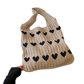 Sunny Glow Knit Bag, Tote Bag, Knit Tote Bag, Shoulder Braid, Heart, Cute, Korea, Large Capacity, Lightweight, A4 Size (Beige)