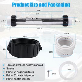 AFZZ Spa Hot Tub Heater Assembly with Split Nut Unions & Tailpieces for 15" x 2" Spa Heater 4.0kw/5.5kw 240v, Stainless Steels Flow-Thru Heater Housing B24055R Compatible with Sundance / B24055Q