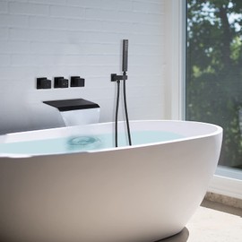 BANGPU Wall Mount Bathtub Faucet with Handheld Sprayer 3 Handle Roman Tub Faucet Set 5 Hole Waterfall Tub Filler with Hand Shower Bathroom Tub Faucets, Matte Black