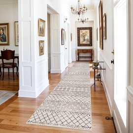 BYYVOO Washable Runner Rugs 3x16 - Long Hallway Runner Rug Low Pile Rug with Rubber Backing Floor Mat Non Slip Moroccan Indoor Carpet for Kitchen Bedroom Entryway 3x16 Geo Beige