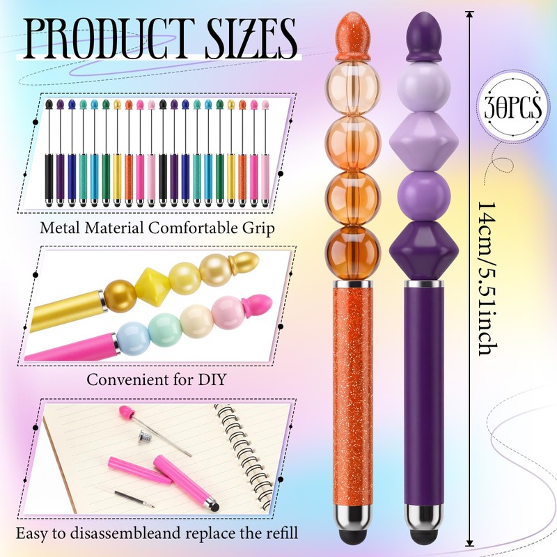 30 Pcs Beaded Pens with Stylus Tips Plastic Beaded DIY