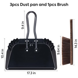 Yangbaga 17In Metal Dustpan and Brush Set,3pcs Large Handheld Dust Pan and Wood Broom,Heavy-Duty Dust Pans Metal Edge Flat Against Floor for Patio/Pet/Car/Outdoor