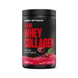 Body Attack Clear Whey Collagen 300 g - Cherry - Mit Glow Collagen Komplex für Muskeln, Haut & Knochen - Collagen Pulver auf Basis von CFM Whey Protein, mit Hyaluronsäure, Kupfer, Mangan & Vitamin C