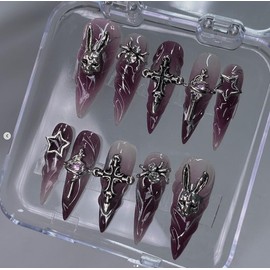 Gothic Cross Star Press On Nails | Black Chrome Marble Nail Art | 3D Silver Cross & Dark Aura Gradient Nails for Edgy Vibes:_Custom Size - Shape (contact us)_Long Stiletto