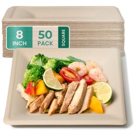 Fit Meal Prep [50 Pack] Compostable Paper Plates, 8 Inch Biodegradable Square Plates, Heavy-Duty Disposable Dessert Plates, Eco-Friendly Sugarcane Plate for Party, Appetizer, Dinner, Kraft