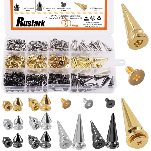 Rustark 180 Sets 3 Colors Mixed Cone Spikes and Studs Assortment Kit Metal Screw Back Punk Studs Spikes Rivet for Punk Rock Style Leather Clothing DIY Craft