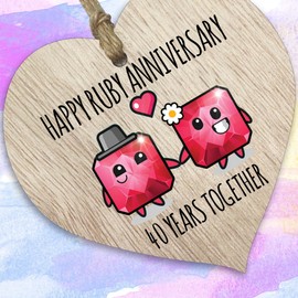 40th Wedding Anniversary Plaque Gift for Husband Wife - 40 Years Together - Happy Ruby Anniversary Wooden Heart for Women Men Partner, Light Wood Sign Keepsake Gifts