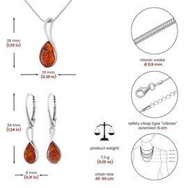 AMBEDORA Monique 2 Small Jewellery Set Polished Sterling Silver Baltic Amber Cognac Colour Silver Pendant on Chain and Earrings, Sterling Silver, Amber