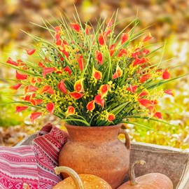 HOHOTIME Fall Flowers Outdoor, Fall Decorations for Home, 8 Pcs Fake UV Resistant Artificial Plants, Orange Plastic Faux Calla Lily Flowers for Indoor Cemetery Vase Pots Hanging Planters Decor