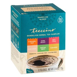 Teeccino Muestra de té de diente de león – Caramel, coco, tostado oscuro, menta moca, chai rojo, cúrcuma – Té de hierbas sin cafeína y preb. 6 Sabores, Sin Cafeína, 12 Bolsitas de Té, 72g