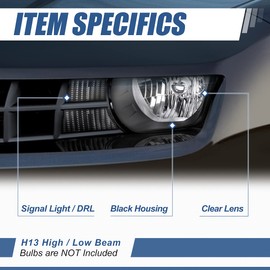 Auto Dynasty LED DRL Headlights Assembly Compatible with 2010-2013 Chevy Camaro, Driver and Passenger Side Halogen Headlamps Replacement w/DRL Turn Signal, Black Housing Clear Corner