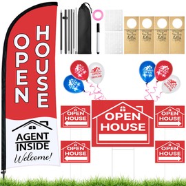 Jsngbse 44 Pcs Open House Signs for Real Estate Agent Supplies, Double Sided Open House Flag with Poles Kit, 7.6 x 5.4 Ft Red Opening Sign Banner Set, 5 Pack Yard Signs with Metal Stakes 30 Balloons