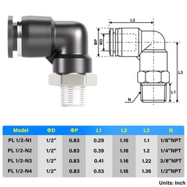 TAILONZ PNEUMATIC Male Elbow 1/2 Inch Tube OD x 1/4 Inch NPT Thread 90 Push to Connect Fittings PL-1/2-N2 (Pack of 5)