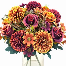 Guagb 3 Pcs Fall Flowers Artificial Mums Silk Chrysanthemum Rose Daisy Bouquet Fake Mum Faux Floral Arrangements Home Indoor Outdoor Planter Decor Party Wedding Table Autumn Decoration