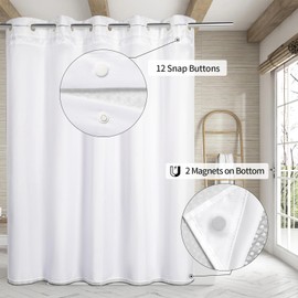 MitoVilla No Hooks Needed Grey Ombre Waffle Shower Curtain Liner Set, Modern Waffle Weave Heavy Duty Fabric Cloth Shower Curtain with Snap-in Liner for Luxury Neutral Hotel Spa Bathroom Decor, 72 x 74