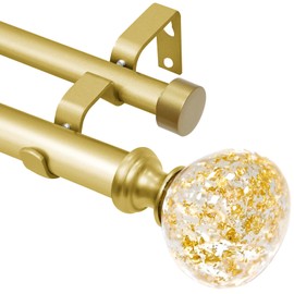 Gold Double Curtain Rod for Windows 28 to 48 Inch: Double Window Treatment Curtain Rod Heavy Duty Adjustable from 28 to 48 Inch - Gold Foil Resin Finials and Gold Double Curtain Rod