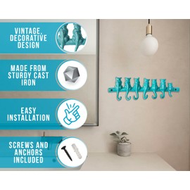 Comfify 7 Cats Cast Iron Wall Hanger - Decorative Cast Iron Wall Hook Rack - Vintage Design Hanger with 7 Hooks - Wall Mounted | 12.4 x 3.9” - with Screws and Anchors - Blue