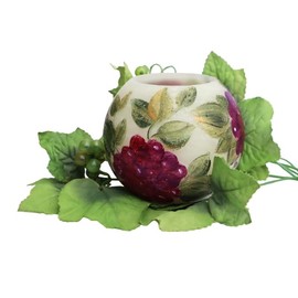 Large Round Genuine Wax Coated Flickering Flameless Candle with Hand Painted Grapes and Vines Grapevines Design Mediterranean Decor
