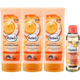 Balea 4er-Set Hautpflege: Pflegelotion VITAMIN C hautbildverfeinernd & belebend mit Aprikosenkernöl (3 x 200 ml) + Pflegeöl SENSE OF APRICOT Massageöl mit Mandel- & Traubenkernöl (100 ml), 700 ml