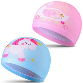 Children's Swimming Caps, Pack of 2, Cartoon Unicorn Swan Printed Swimming Cap, Pink and Blue Swimming Cap for Long and Short Hair, Youth, Boys, Girls