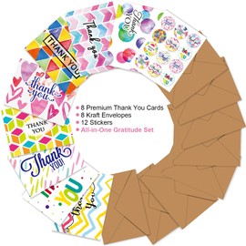 ZZTBTNO 8 Blank Thank You Cards with Envelopes & 12 Stickers - Write Your Own Message - Blank Inside Greeting Cards for Gifts, Customers, Friends