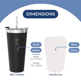 BOZ Tumbler - Tumbler with Lid and Straw - Insulated Tumblers - Cups with Lid and Straw - Stainless Steel Tumbler - Perfect for Hot and Cold Drinks - BPA Free (22oz) (Black)