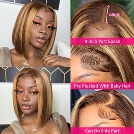 Flady 10 inch Honey Blonde Bob wig Human Hair 13x4 HD Frontal Lace Wigs 150% Density 4/27 Highlight Bob Lace Front Wigs Human Hair Pre Plucked Ombre Color Short Straight Bob Wigs for Black Women
