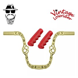 Vintage Lowrider Vtg Lowrider 9" Square Twisted Cage Gold Handlebar 25.4mm, 120mm Sparkle Grips