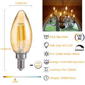 FLSNT LED Candelabra Light Bulbs 40W Equivalent, B11 E12 Small Base Chandelier Bulbs, 2200K Warm White, Dimmable, 330LM, Amber Glass Finishing, 12 Pack