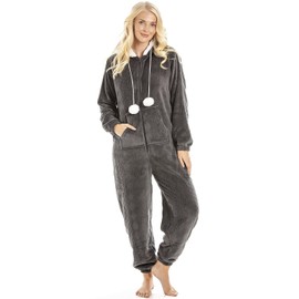 Camille Super Soft Zip Up Hooded Onesies for Women - Thick Luxury Fleece Full Length Women's All In One - Long Sleeved with Elasticated Cuffs & Sherpa Lined Hood Charcoal 14-16