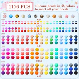 Hotop 1176 Pcs Silicone Beads for Keychain Making Kit, 12mm15mm Round 14mm17mm Polygonal Silicone Beads Bulk, Rubber Beads for Keychain DIY Necklace Bracelet Jewelry Making Supplies