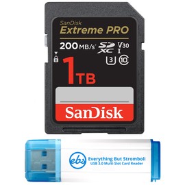 Sandisk SD Extreme Pro SDXC UHS-I 1TB Memory Card Works with Sony ZV-E10, A7 IV, ZV-E10 II Alpha Camera (SDSDXXD-1T00-GN4IN) C10 Bundle with (1) Everything But Stromboli Micro & SD 3.0 Card Reader