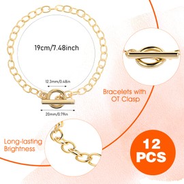 Prasacco 12 Pcs Bracelet Chains for Jewelry Making, Chain Bracelet for Women, Link Chain Bracelets with OT Toggle Clasp, Charm Bracelets for Jewelry Making (Gold)