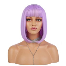 eNilecor Short Bob Hair Wigs 12" Straight with Flat Bangs Synthetic Colorful Cosplay Daily Party Wig for Women Natural As Real Hair+ Free Wig Cap (Lavender Purple)