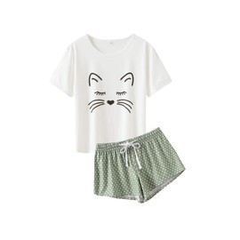MyFav Women's Pyjamas, Comfortable, Stylish, Cat Cartoon Print, Sleepwear, Green
