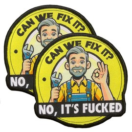Can We Fix It? No,It's Fuked, 2 Pcs Funny Blue Collar Maintenance Worker Meme Sayings Hook and Loop Embroidered Emblem for Backpack Vest Uniform Coats Jackets Clothes Bags Helmet(Yellow)