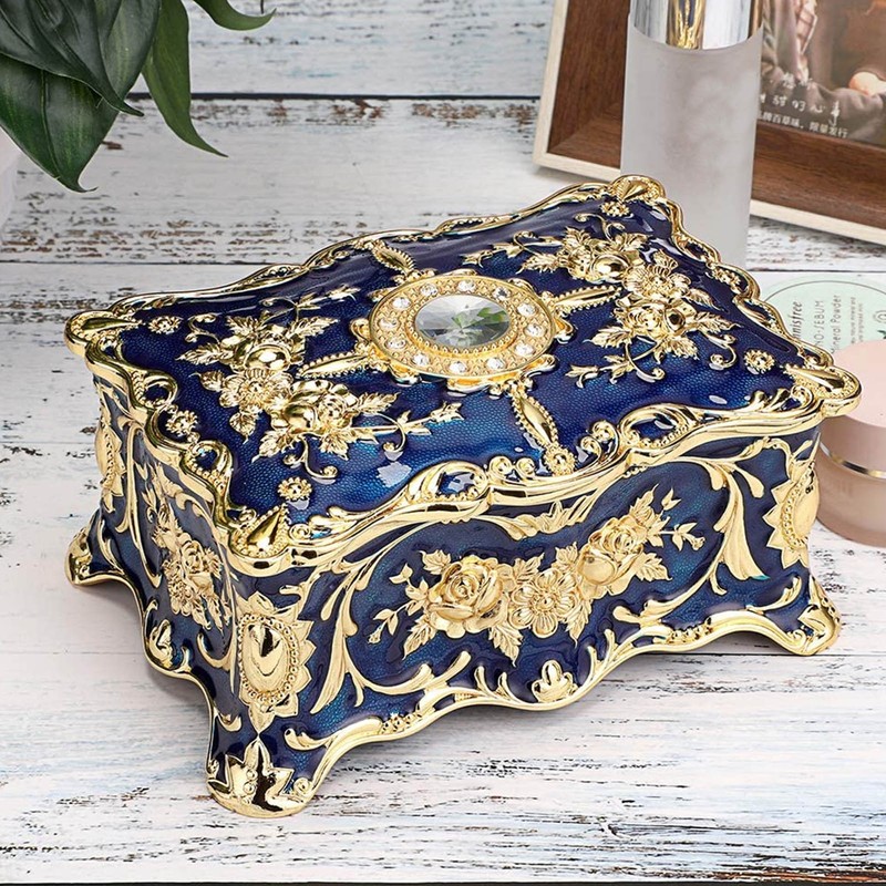 Royalblue Rhinestone Jewelry Box Ring Retro Flower Engraved Earrings Necklace
