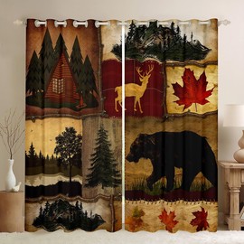 Rustic Farmhouse Blackout Curtains, Retro Cabin Lodge Window Treatments, Hunting Bear Deer Curtains, Country Maple Leaves Window Drapes, Woodland Pine Tree Darkening Curtains, Red Brown 42"X63"
