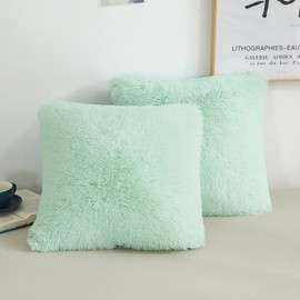 XeGe Faux Fur Throw Pillow Covers, Shaggy Fluffy Cushion Covers, Plush Furry Pillow Cases, Fuzzy Decorative Pillow Shams with Zipper Set of 2 for Sofa Bed Couch Living Room (18''x18'', Aqua Green)