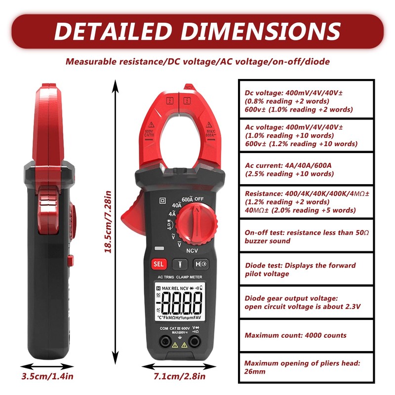 Current Clamp AC DC, Current Meter True-Rms 4000 Count, Clamp