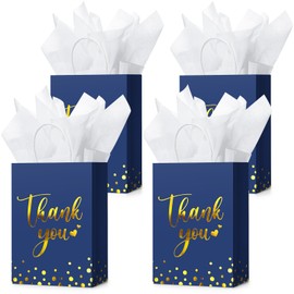 Tinlade 12 Pcs Thank You Gift Bags with Tissue Paper Gold Polka Dots Thank You Gift Bags with Handle for Wedding Birthday Baby Shower Business Shopping Party Supplies and Gifts (Business Blue)