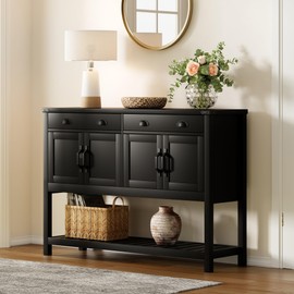 ChooChoo 47" Console Table with Storage, Rustic Entryway Table with Drawers & Doors, Narrow Long Sofa Table for Living Room, Hallway, Behind Couch, Black