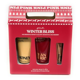 Victoria's Secret PINK Winter Bliss Nourishing Honey & Glow-Boosting Cranberry Lotion, Lip Oil Gift Set 3pc