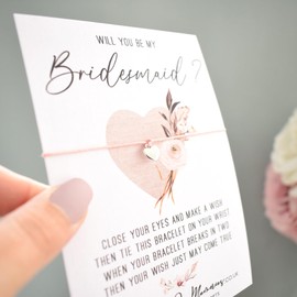 Will You Be My Bridesmaid? Wish Bracelet | Bridesmaid Proposal | Floral & Burlap Boho Heart Design | Tibetan Charm. Wish String Cord Bracelet. Modern Greeting Card