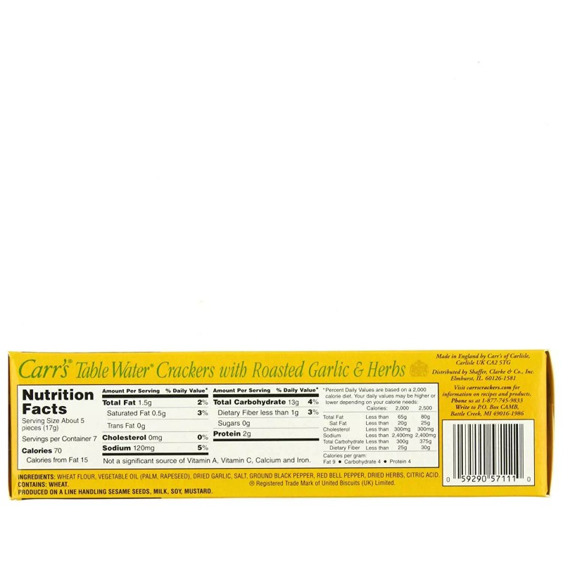 Carr's Table Water Crackers, Roasted Garlic & Herbs, 4.25 Ounce