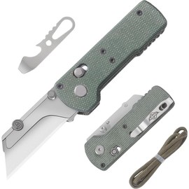 Folding Pocket Utility Knife, Quick Change Box Cutter with Rail Lock, EDC Razor Knife with Pocket Clip for Office, Factory Serrated Blade Tactical Pocket Knife tool survival:_Green Micarta