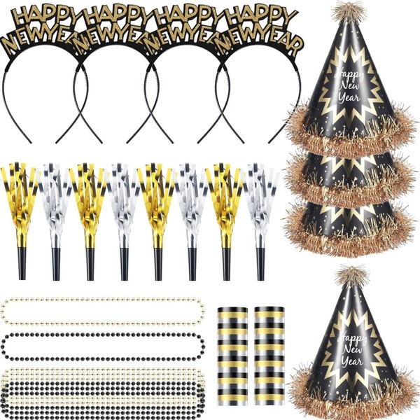 YaYuanSun New Year 2024 Decorations 26 Pcs Happy New Year Party Favors Included New Year Headband New Year Hat Noise Maker Aluminum Film Bead Necklaces for Kids Adults New Years Eve Party Decorations