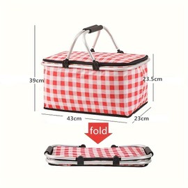 Insulated Cooler Bag-Folding Picnic Basket with Handle，Waterproof Lining - Collapsible Designfor Camping, Trips, Shopping, Outdoor Activities (Red)
