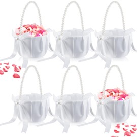 Geetery 6 Pieces Flower Girl Baskets for Weddings with Cute Pearl Handle White Bowknot Satin Flower Baskets for Wedding Ceremony (Exquisite Style)